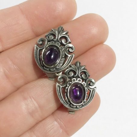 antique silver clip earrings with amethyst