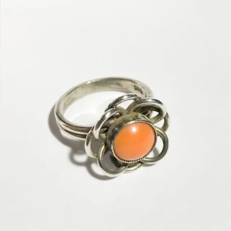 vintage silver ring with natural coral details