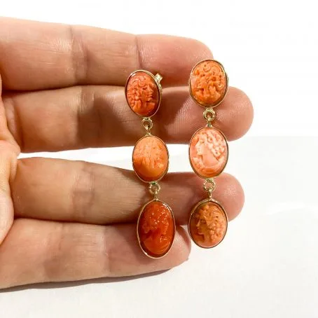 Coral cameo pendant earrings