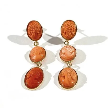 gold earrings with coral cameos